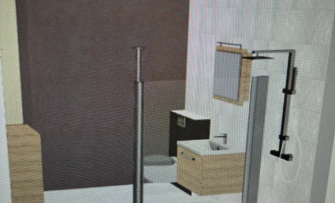 Douche, plan de vasque et WC suspendu.